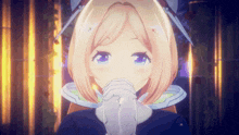 a girl with pink hair and blue eyes covering her mouth