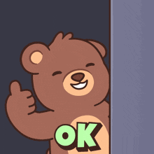 a brown teddy bear is giving a thumbs up and the word ok is on his chest
