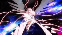 a girl with long pink hair and wings is surrounded by a galaxy background