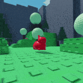 a red cat is floating in the air on a green tile floor