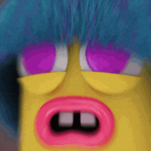 a close up of a cartoon character 's face with purple eyes and pink lips