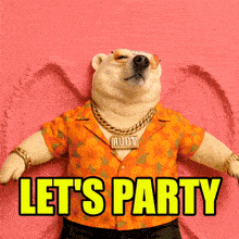 a polar bear wearing an orange shirt and a gold chain with the words let 's party below it
