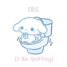 a cartoon of a dog sitting on a toilet with the words ibs ( i be shitting )