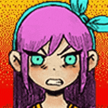 a girl with purple hair and blue eyes is making a funny face .