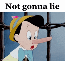 a cartoon character with a long nose and the words " not gonna lie "
