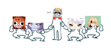a group of cartoon characters are standing next to each other including a raccoon with a crown