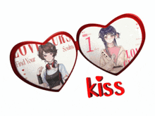 a pair of heart shaped glasses with the words " kiss " on the bottom