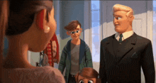a group of cartoon characters are standing next to each other in a room talking to each other .