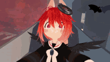 a cartoon character with red hair and black wings is wearing a compass on her head