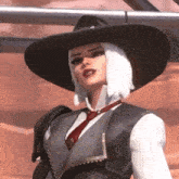 a woman with white hair is wearing a black hat and a red tie .