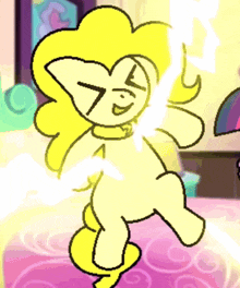 a cartoon drawing of a pony with a yellow mane and a smiley face