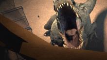 an animated dinosaur with its mouth open and its tongue sticking out
