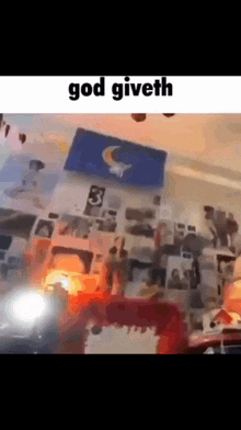 a collage of pictures on a wall with the words god giveth