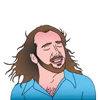 a man with long hair and a beard wearing a blue shirt