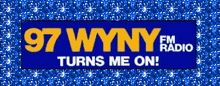 97 wyny fm radio turns me on with a blue background