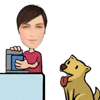a cartoon of a woman standing next to a dog with its tongue out