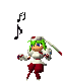 a pixel art of a girl holding a sword and a music note