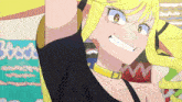 a cartoon girl with yellow hair and a black shirt is smiling and looking at the camera