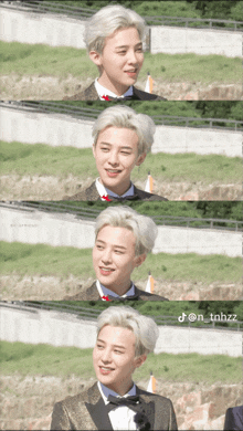 a young man with blonde hair is smiling and wearing a tuxedo and bow tie