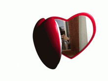 a heart shaped mirror shows a person taking a picture of themselves