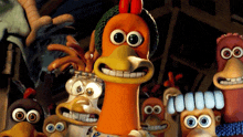 a group of cartoon chickens with big eyes and big teeth