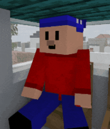 a cartoon character with a red shirt and blue pants