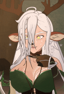 a drawing of a girl with white hair and a deer head