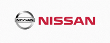 a nissan logo that is red and silver