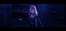 a girl with long hair and blue eyes is standing in a dark room with her arms outstretched .