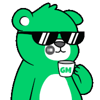 a green teddy bear wearing sunglasses is holding a cup with the letter gm on it