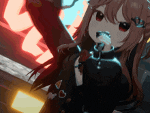 a girl is singing into a microphone in front of a sign that says l.