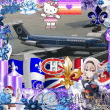 a collage of pictures with a quebec airplane in the middle