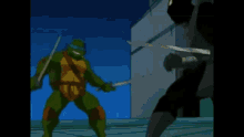 a group of teenage mutant ninja turtles are running on a wooden deck