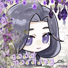 a picture of a girl with purple hair and the words " good morning "