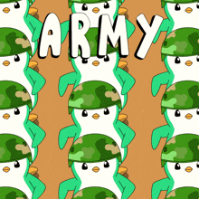 a seamless pattern of penguins wearing military helmets with the word army written above them
