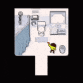 a pixel art drawing of a bathroom with a toilet , sink , and shower curtain .