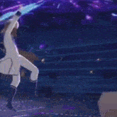 a cartoon character is dancing on a stage in front of a crowd .