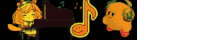 a cartoon drawing of a girl playing a piano next to a cartoon drawing of an orange