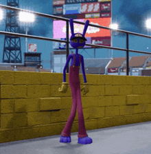 a cartoon character in purple overalls is standing in front of a yellow wall .
