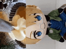 a stuffed toy with glasses and a green jacket