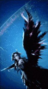 a painting of a woman with black wings and a blue background