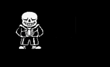 a pixel art of a skeleton with a speech bubble that says i