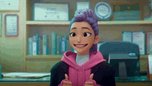 a cartoon girl with purple hair is giving a thumbs up sign