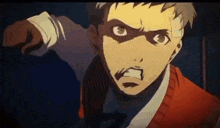 a man with a bandage on his head is pointing at the camera in a cartoon .