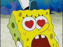 a cartoon of spongebob squarepants with his eyes in the shape of hearts