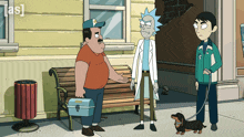 a cartoon of rick and morty talking to a man and a dog