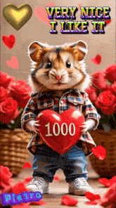 a picture of a hamster holding a heart that says 1000 on it