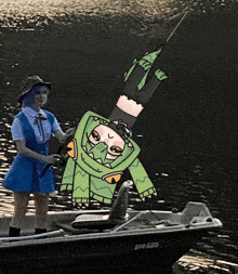 a girl in a blue dress is holding a fishing rod next to a cartoon character in a green outfit