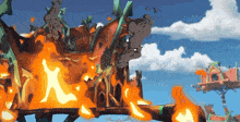 a cartoon drawing of a building on fire with a blue sky in the background