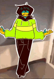 a drawing of a person wearing a green sweater with the letter m on it